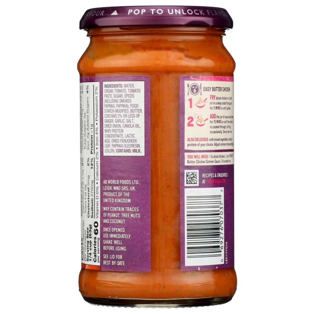 Patak’s Butter Chicken Simmer Sauce 15 oz jar with creamy curry sauce label
