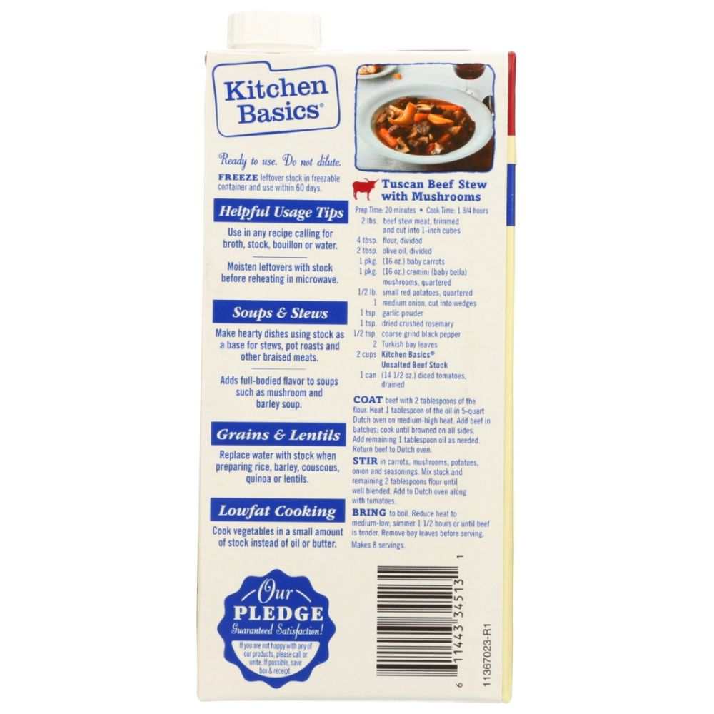 Kitchen Basics® Unsalted Beef Stock 32 oz carton with natural beef and vegetable flavors, gluten-free and no added salt.