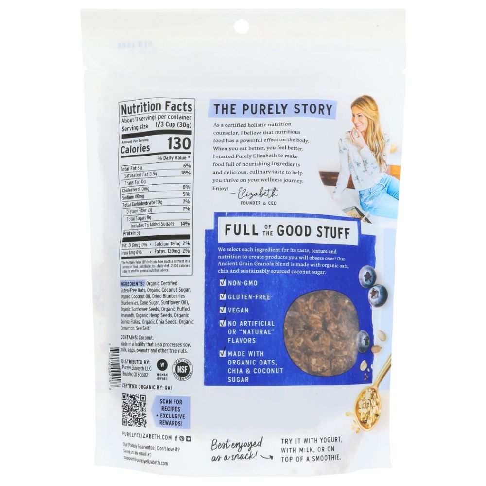 Purely Elizabeth Blueberry Hemp Ancient Grain Granola with dried blueberries and hemp seeds in a 12 oz package