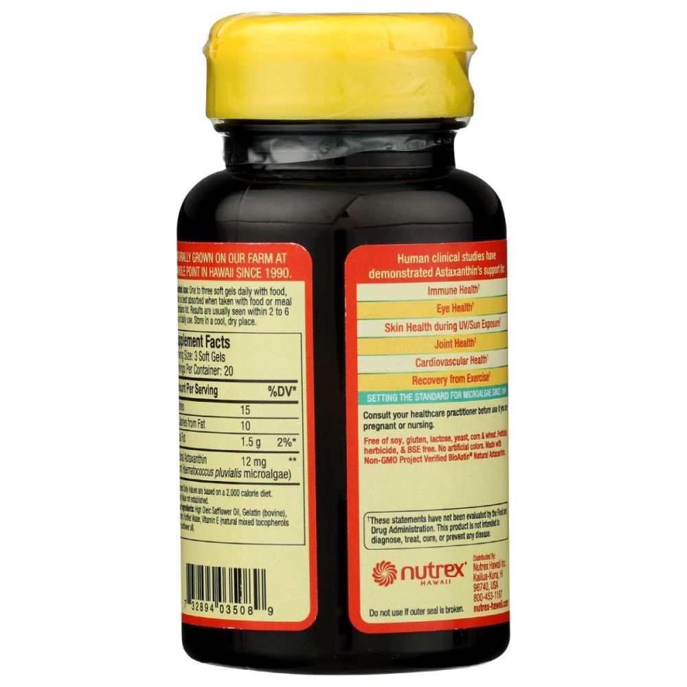 Back view of a supplement bottle with yellow cap, showing nutrition facts and health benefits.