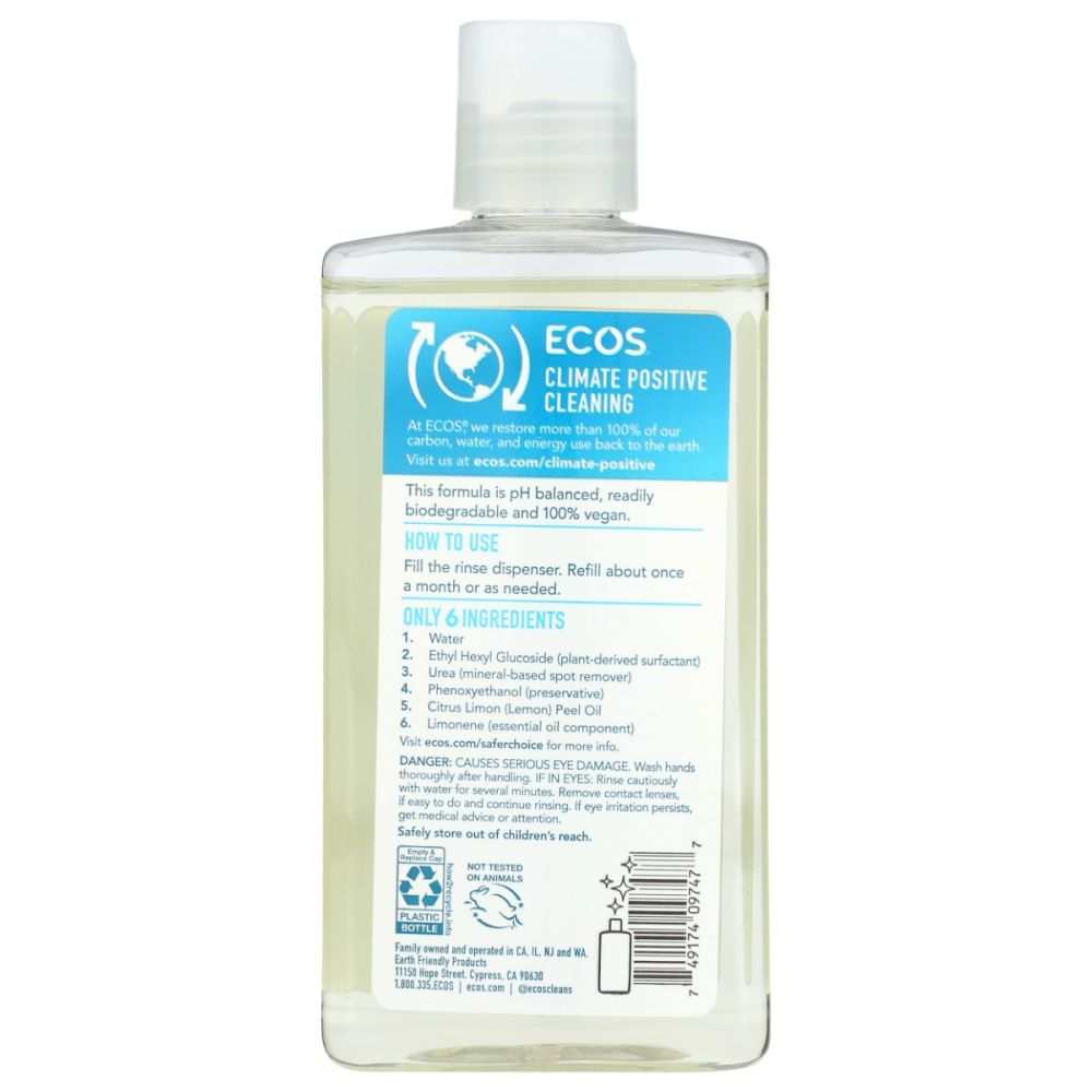Back label of ECOS eco-friendly cleaning liquid, highlighting ingredients and usage instructions.