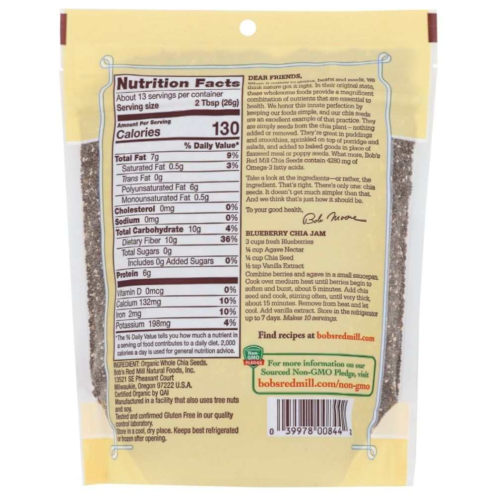 BOBS RED MILL Organic Chia Seeds 12 oz bag with black chia seeds for smoothies and baking