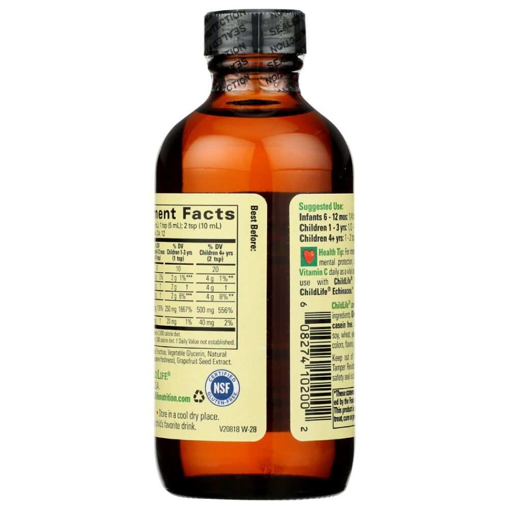 Amber glass supplement bottle with nutrition facts and suggested use label, black safety cap