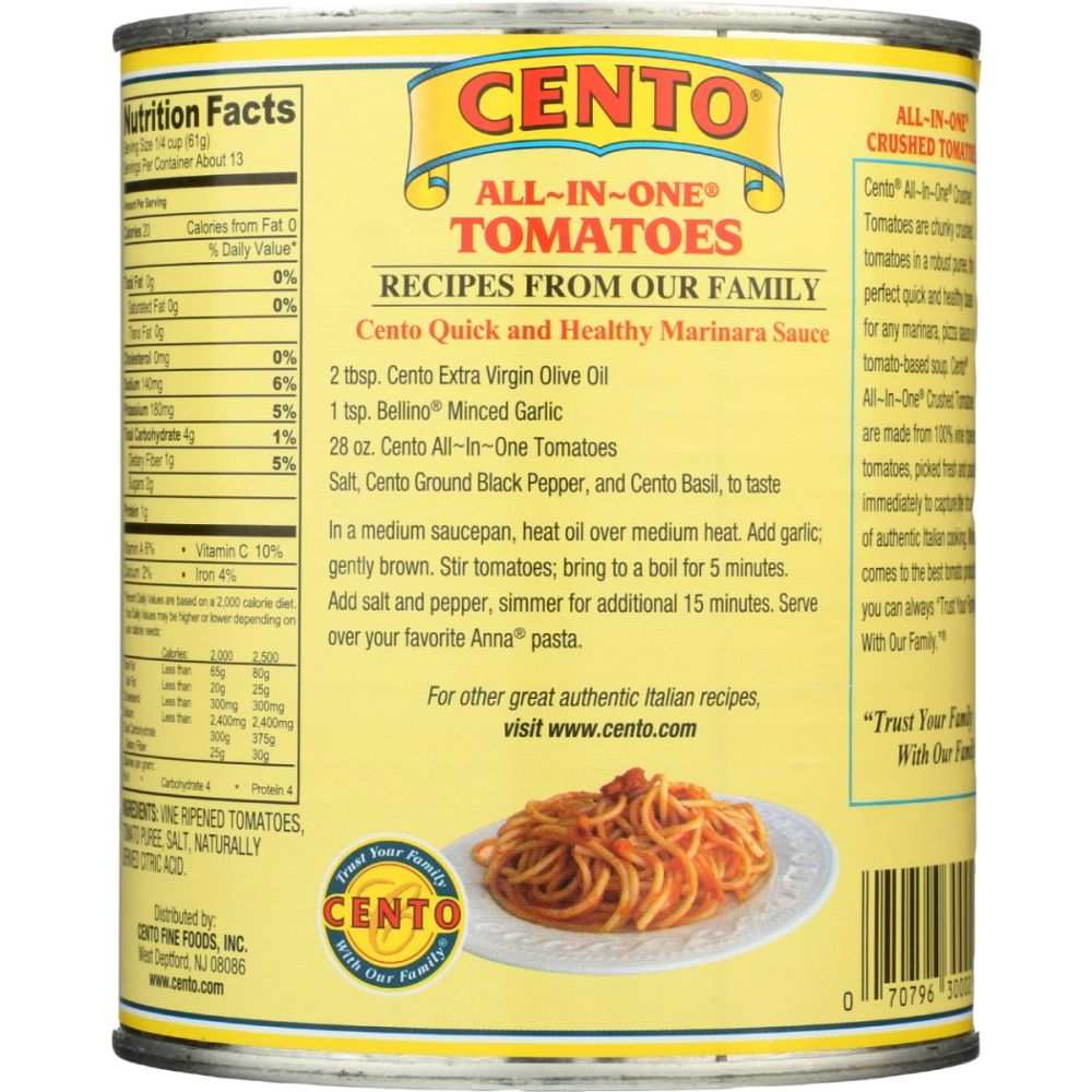 CENTO All In One Crushed Tomatoes 28 oz can with chunky tomato texture perfect for chili or marinara