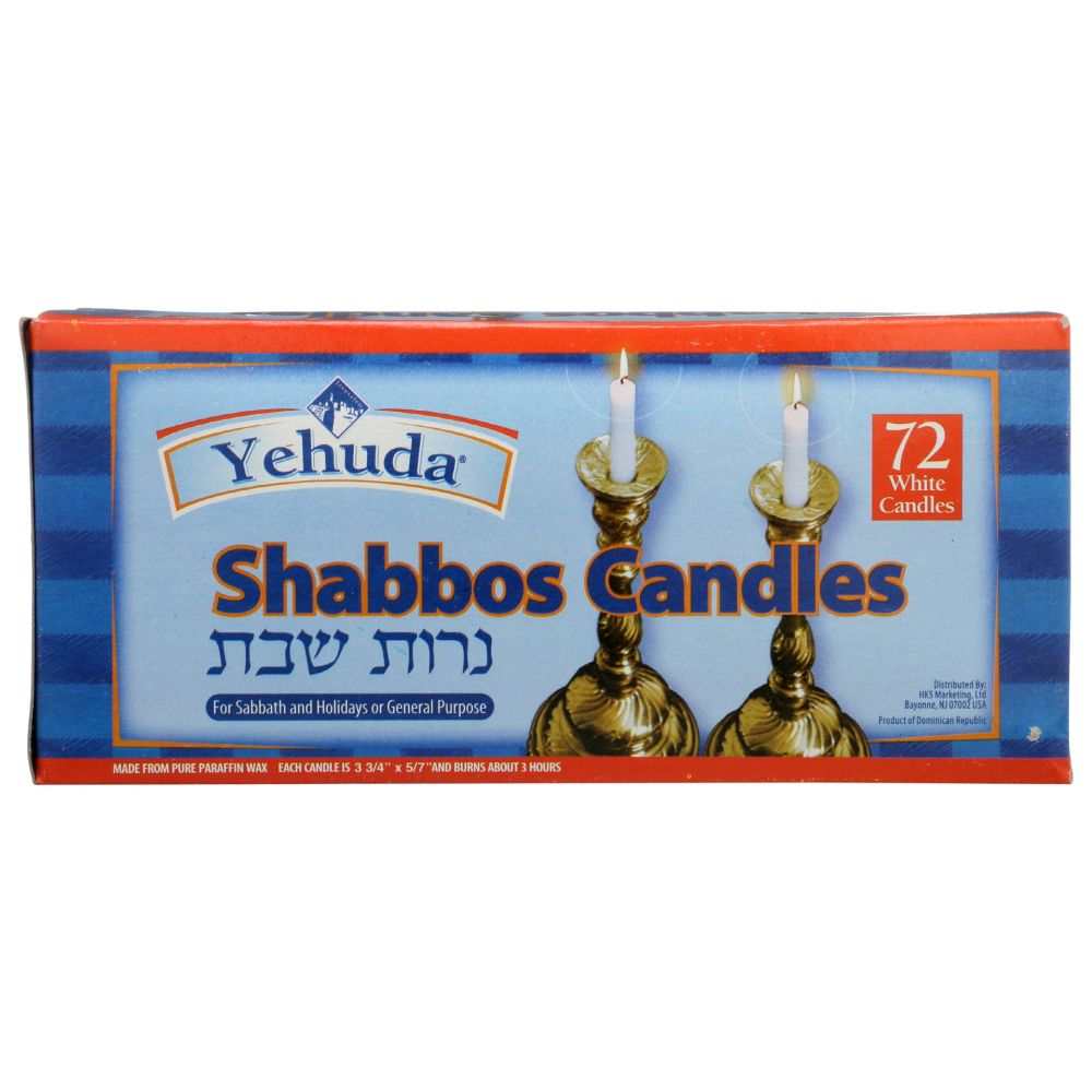 Box of Yehuda Shabbos Candles with two white candles in candlesticks, 72 count