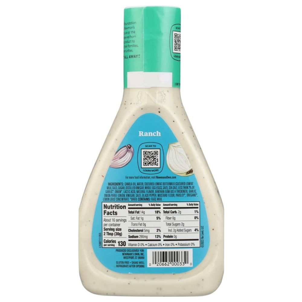 Bottle of NEWMANS OWN Ranch Dressing 16 oz with creamy buttermilk herb flavor