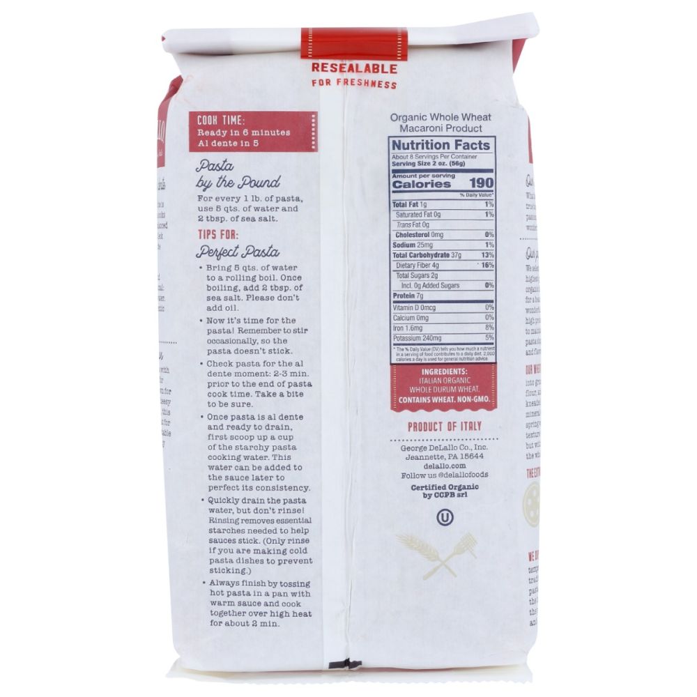 DELALLO: Whole Wheat Elbow Macaroni, 16 oz - SMART GREENS