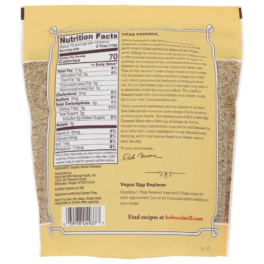 BOBS RED MILL Organic Brown Flaxseed Meal 32 oz packaging with nutritional benefits highlighted