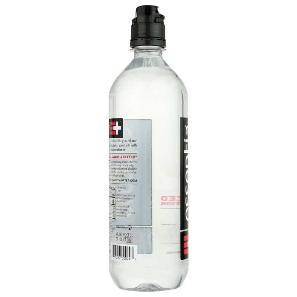 Plastic bottle of Essentia alkaline water with a black cap, product label visible, on white background.