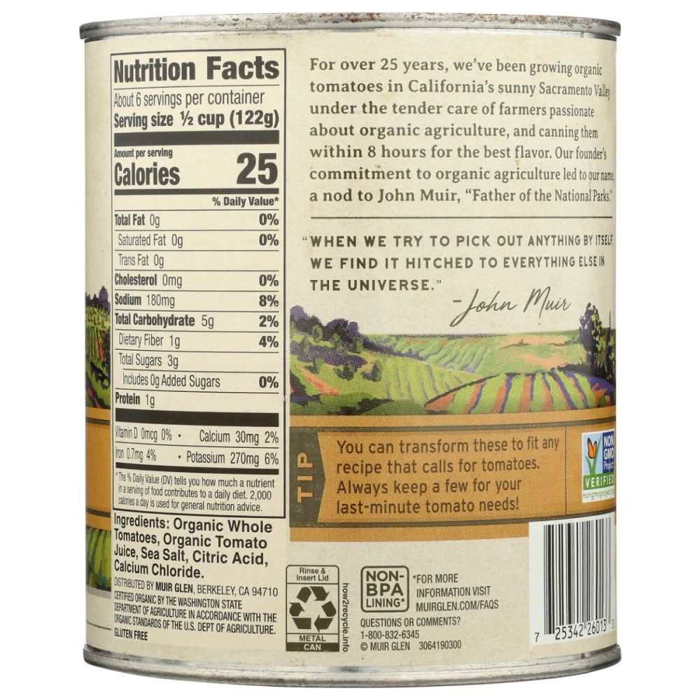 MUIR GLEN whole peeled tomatoes 28 oz can with seasoned juicy tomatoes perfect for pasta sauces