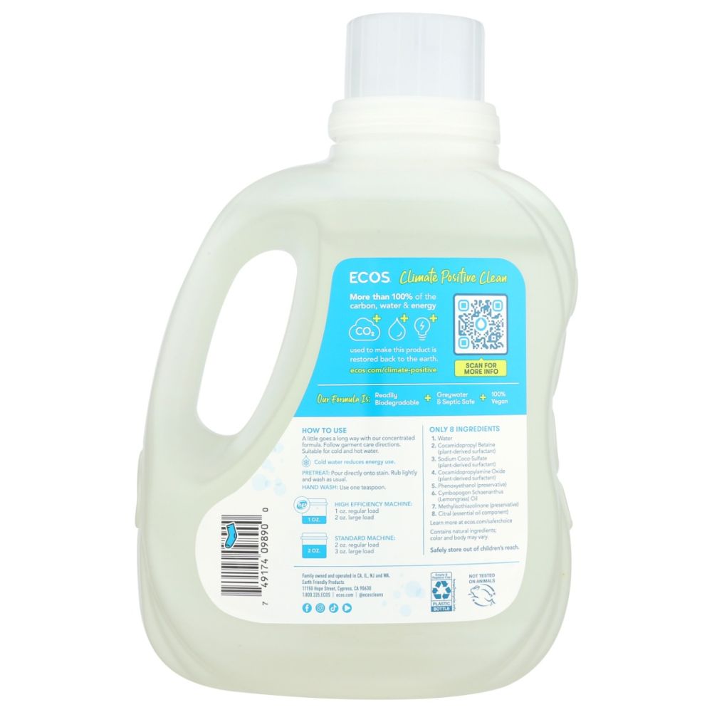 Back of ECOS liquid detergent bottle with eco-friendly and vegan product label