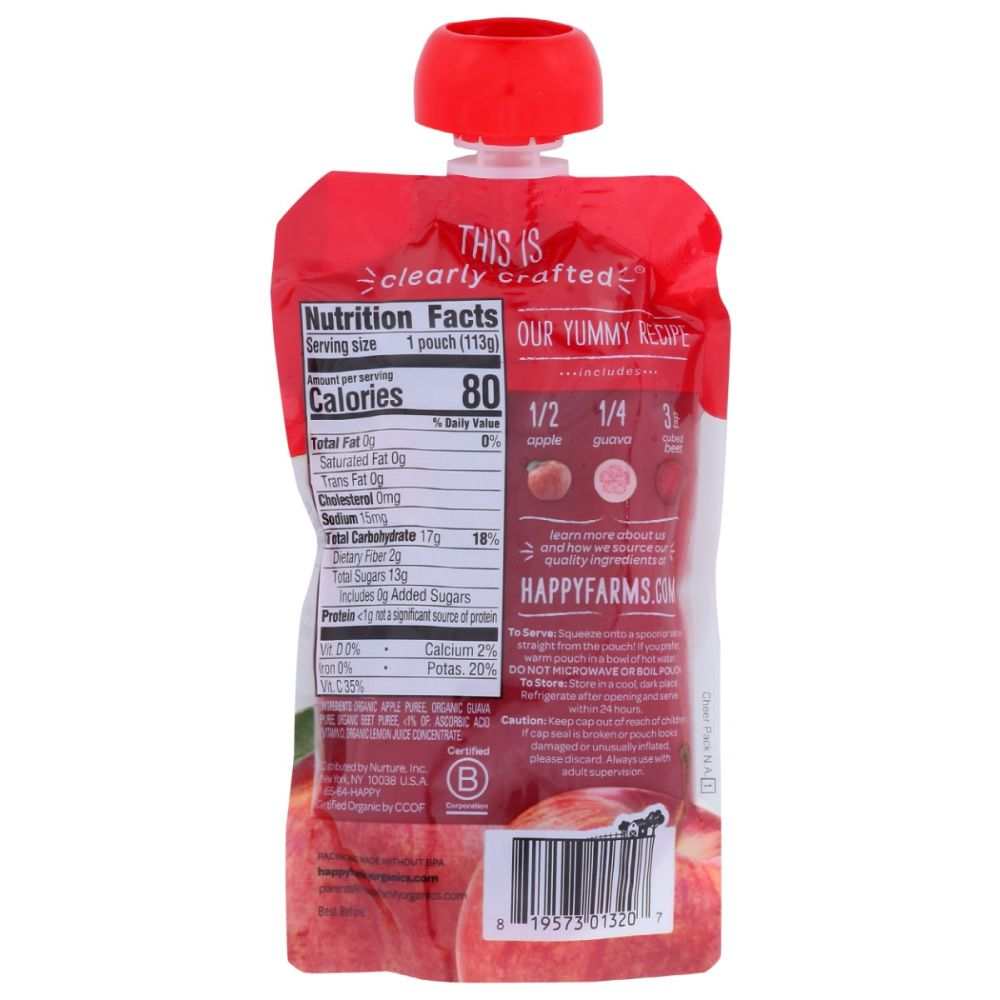 Back view of fruit puree pouch with nutrition facts, ingredients, and recipe details