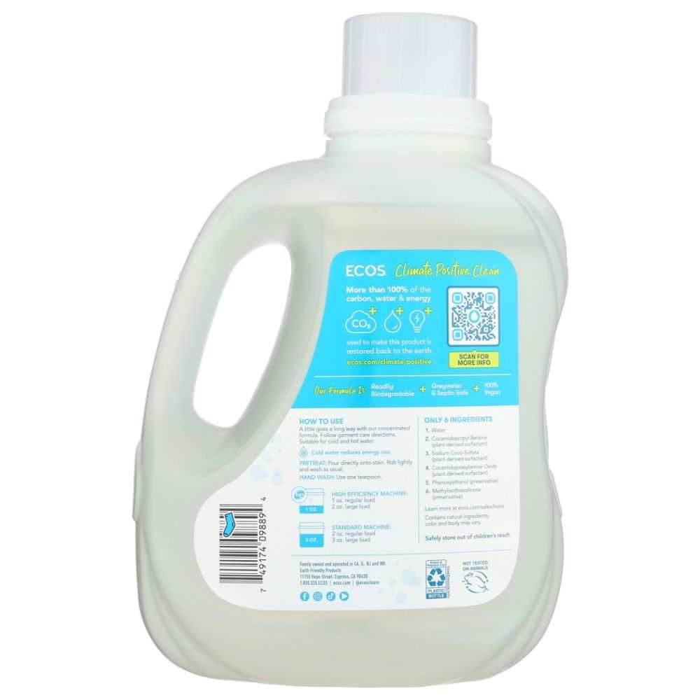 Back of ECOS liquid laundry detergent bottle with eco-friendly product information and instructions