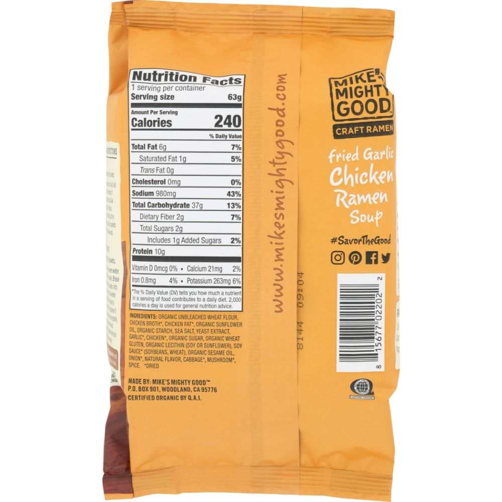 MIKES MIGHTY GOOD Fried Garlic Chicken Ramen Pillow Pack 2.2 oz with rich broth and organic noodles