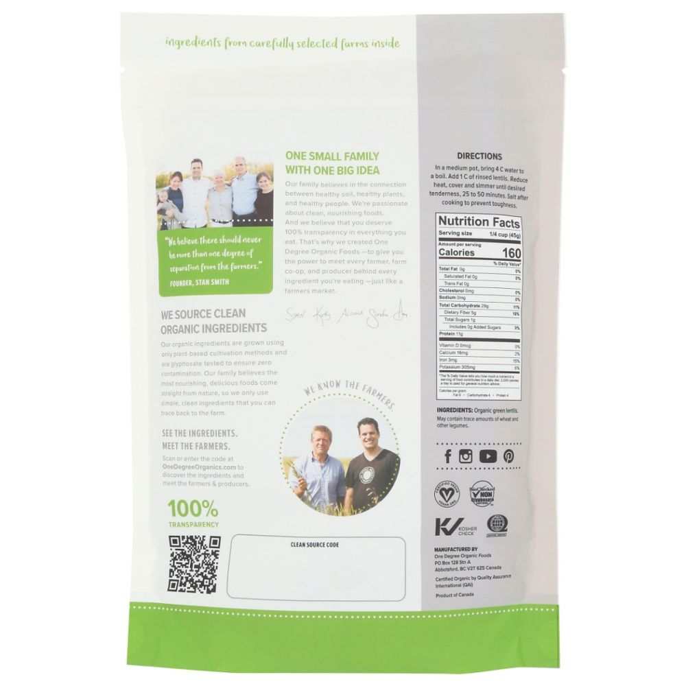 ONE DEGREE Organic Green Lentils 16 oz high protein fiber heart health food