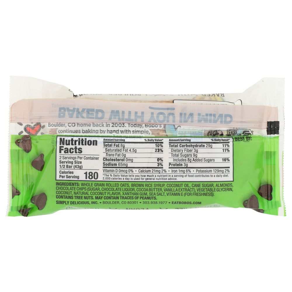 BOBOS OAT BARS Coconut Almond Chocolate Chip oat bar gluten-free vegan dairy-free packaging