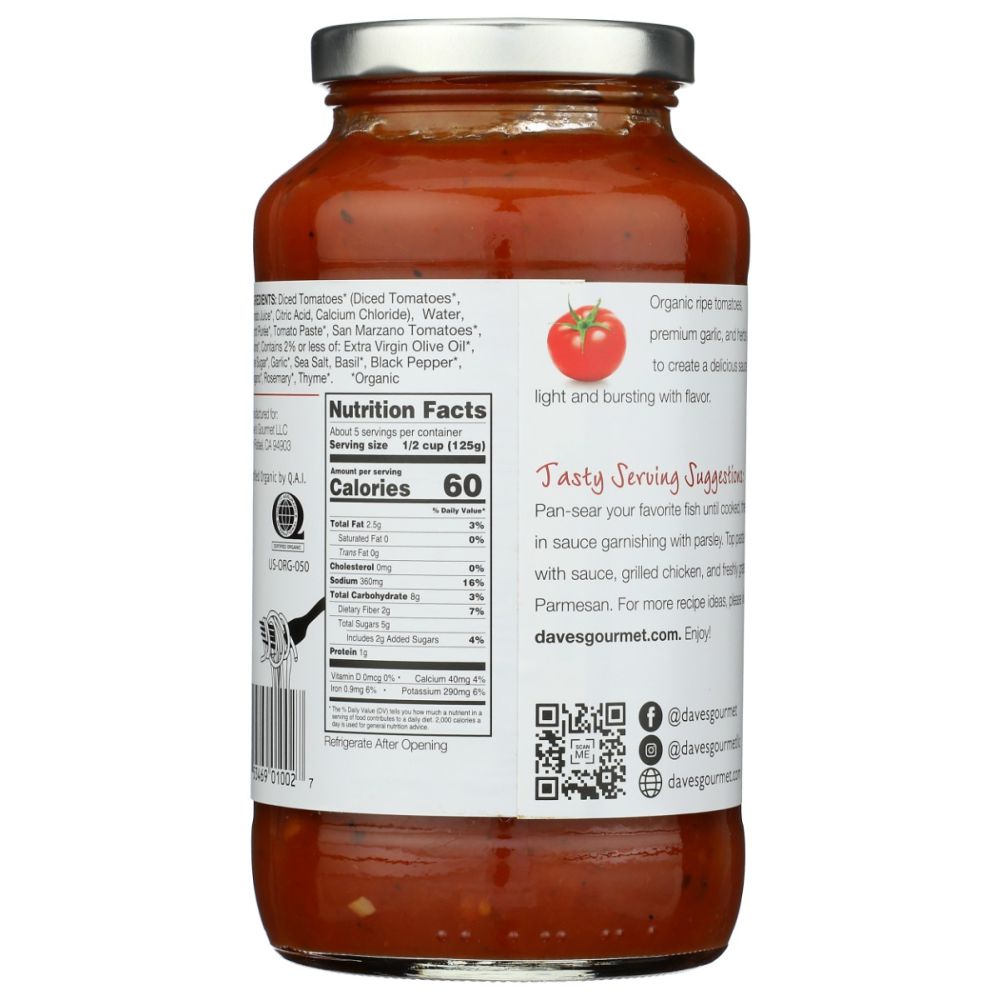DAVES GOURMET: Organic Heritage Red Pasta Sauce, 24 oz - SMART GREENS