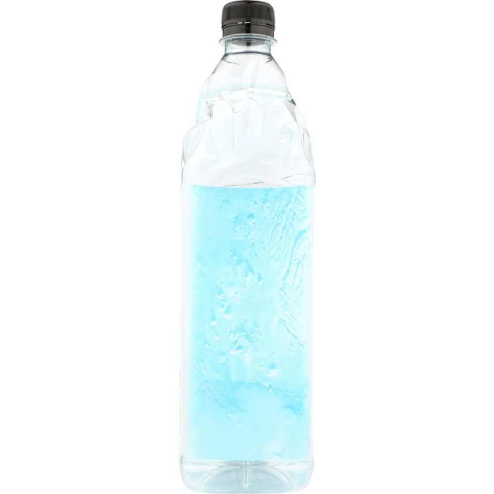 Clear plastic water bottle with blue liquid and black cap on white background