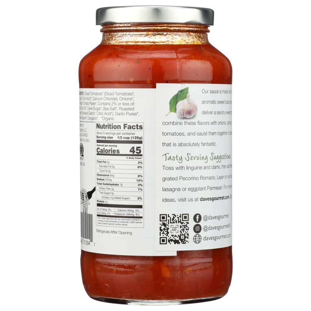 DAVES GOURMET: Organic Roasted Garlic and Sweet Basil Pasta Sauce, 24 oz - SMART GREENS