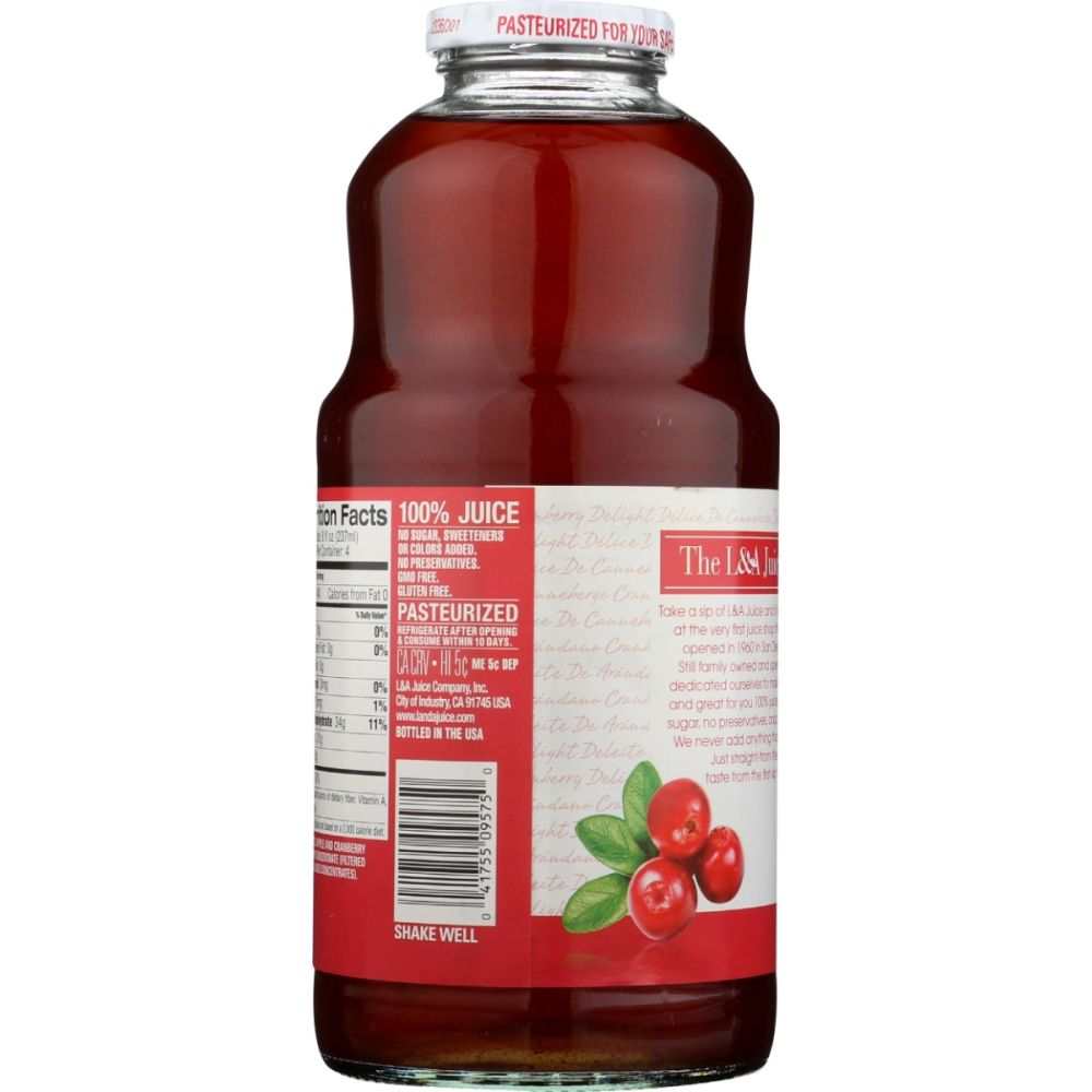L & A JUICE Cranberry Delight juice bottle with no added sugar and preservatives