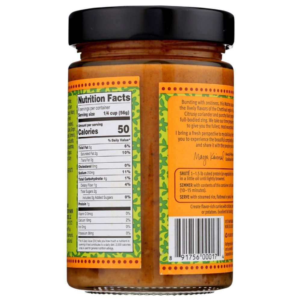 MAYA KAIMAL Madras Curry Indian Simmer Sauce 12.5 oz with South Indian flavors of black pepper, coriander, coconut milk, and curry leaves