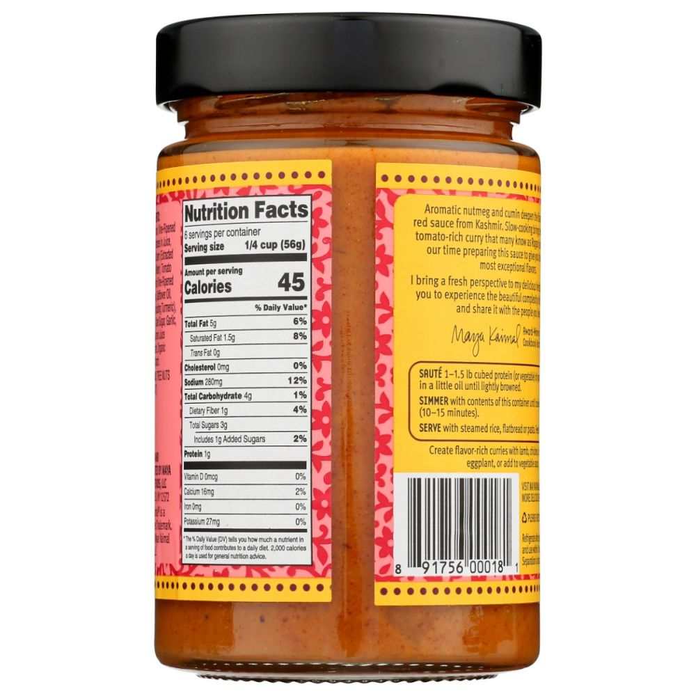 MAYA KAIMAL Kashmiri Curry Indian Simmer Sauce 12.5 oz jar with Rogan Josh flavor