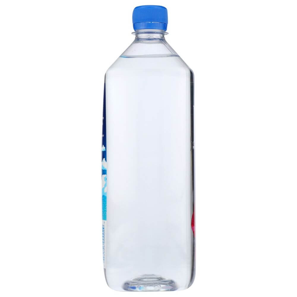 Clear plastic water bottle with blue cap on white background, hydration, wellness product