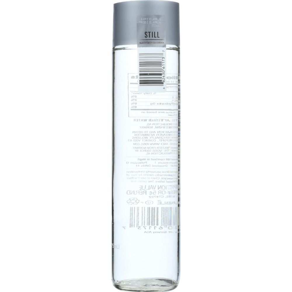 Clear glass bottle of still artesian water with silver cap and visible barcode