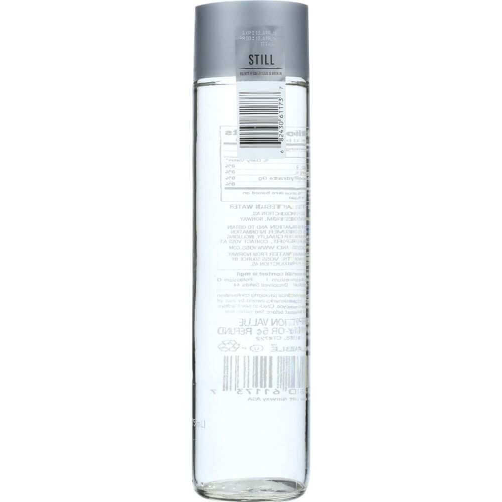 Clear glass bottle of still artesian water with silver cap and visible barcode