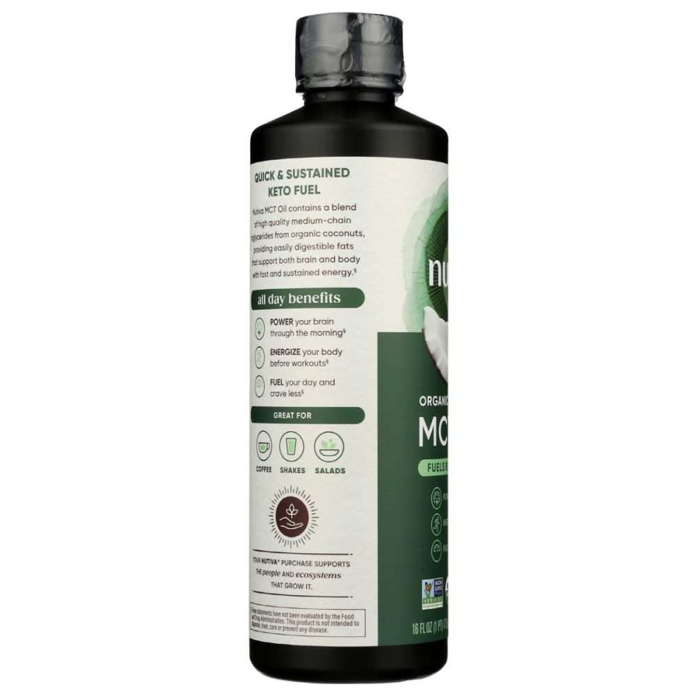 Black bottle of organic MCT oil with keto fuel and wellness benefits label