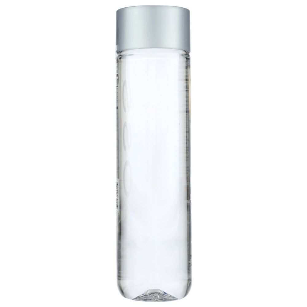 Clear glass water bottle with silver cap, minimalist wellness drinkware