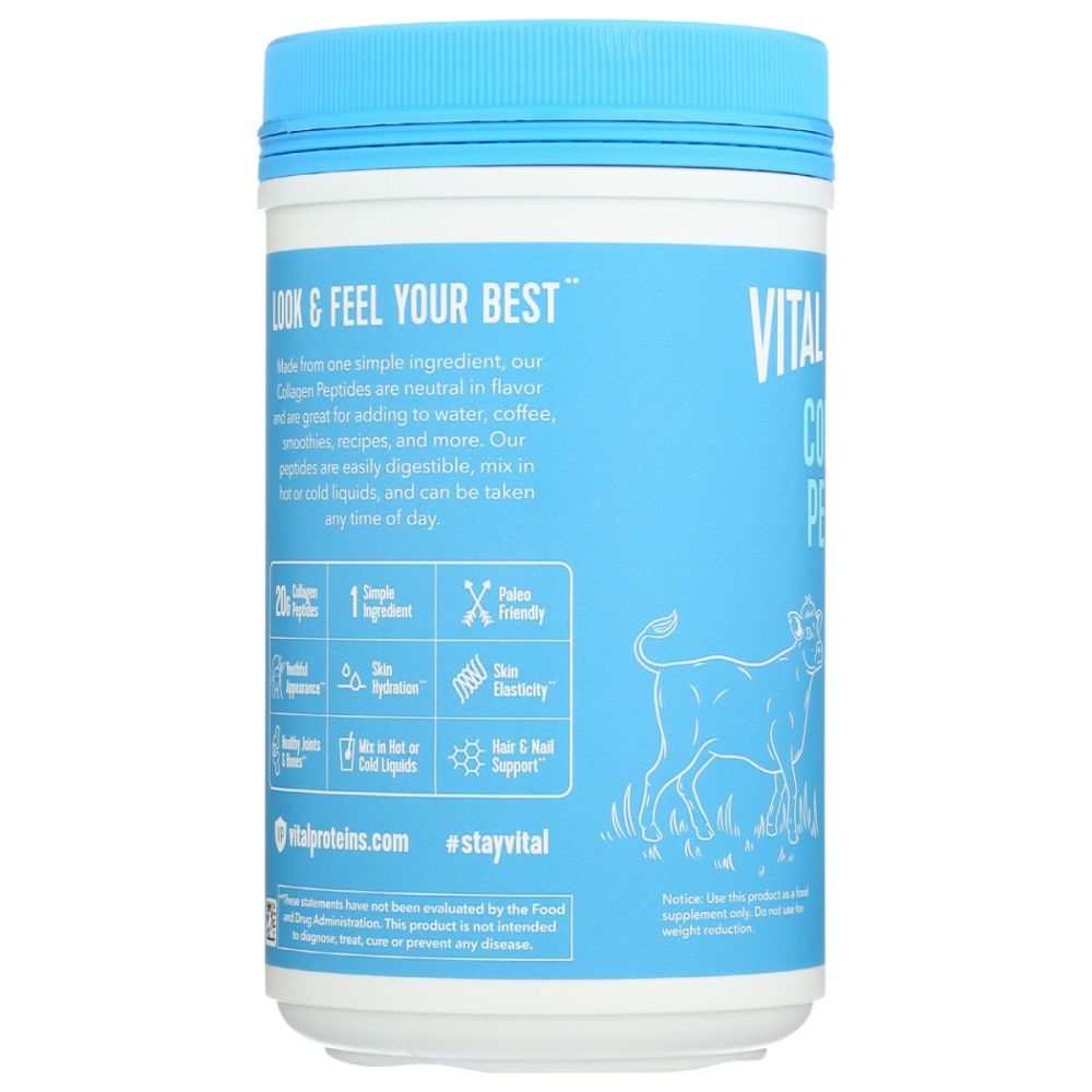 Blue and white collagen peptides supplement container with product benefits and simple ingredient icons.