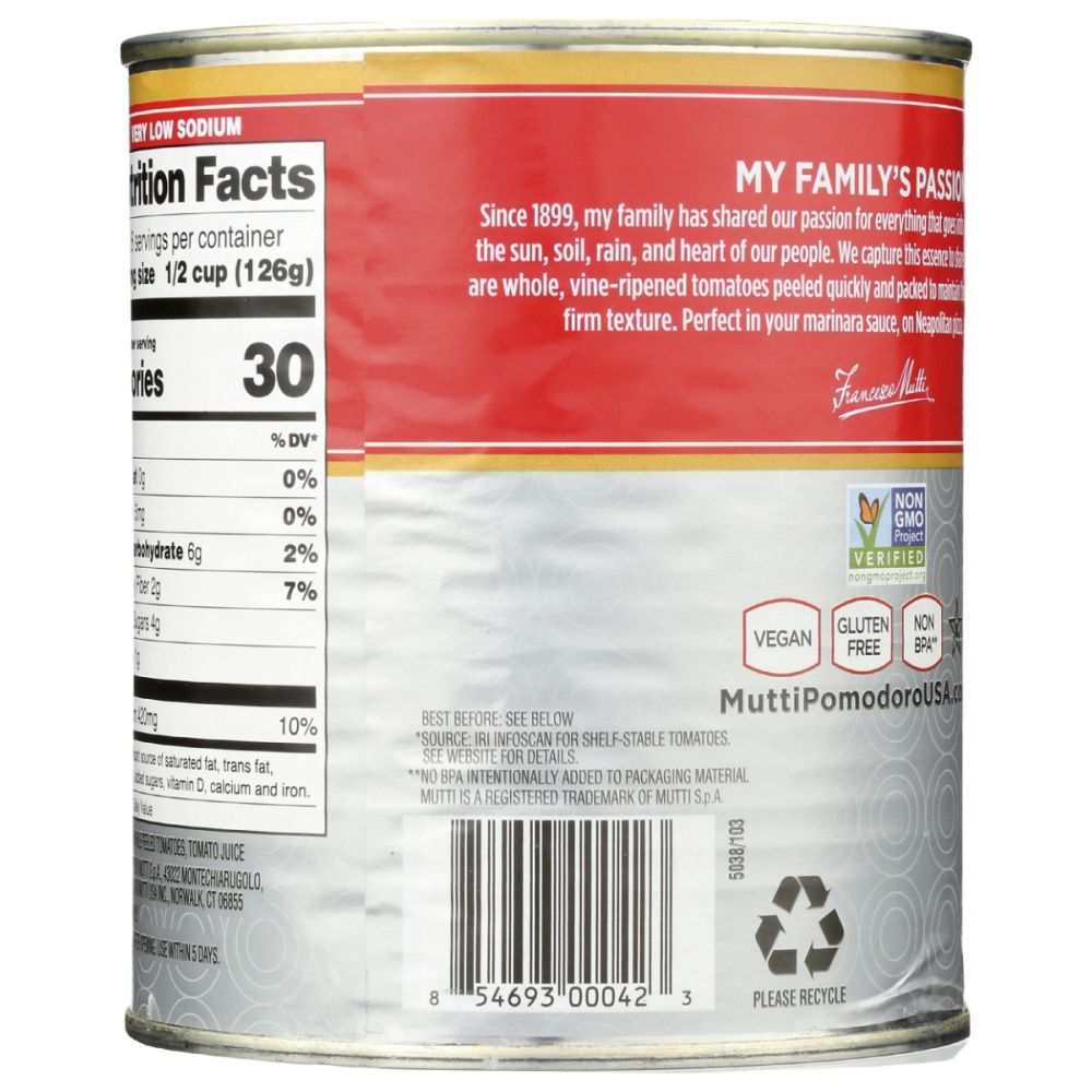 Mutti® Whole Peeled Tomatoes 28 oz can with fleshy, firm tomatoes in velvety passata