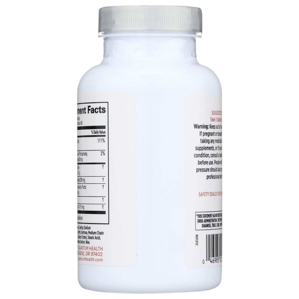 White plastic supplement bottle with nutrition facts and warning label, health product
