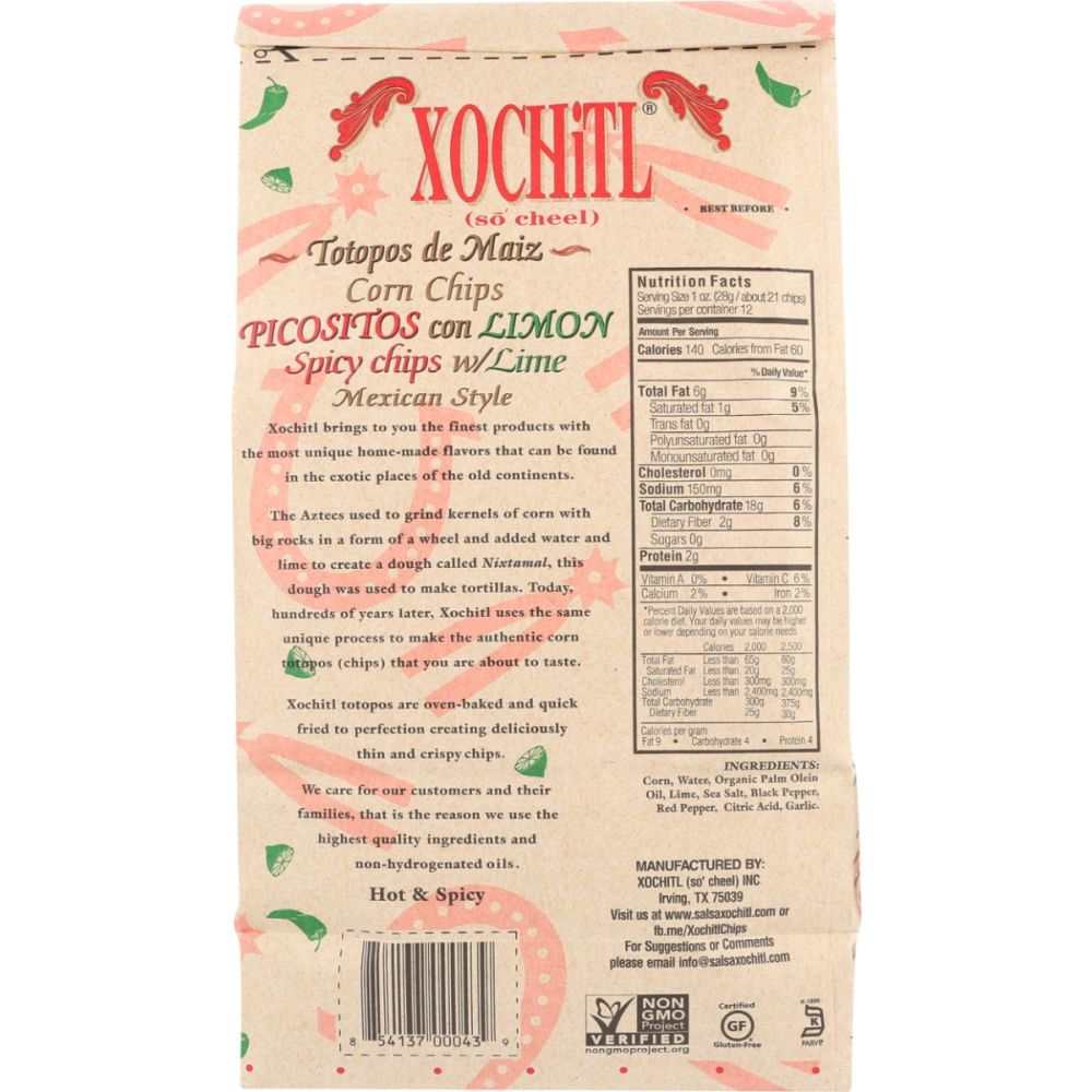 XOCHITL Picositos Con Limon Chips 12 oz bag with light, crispy tortilla chips seasoned with sea salt, pepper, garlic, and citrus