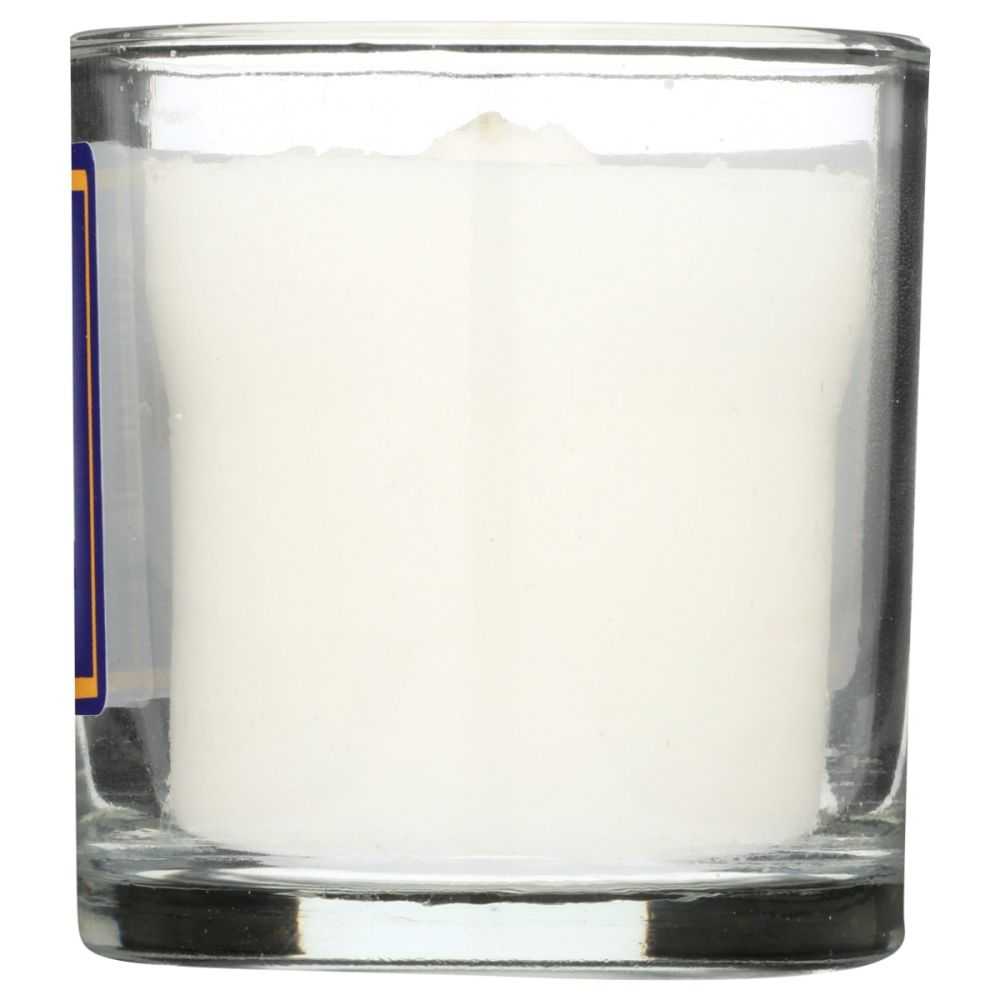 White soy wax candle in a clear glass holder, ideal for wellness or spa ambiance