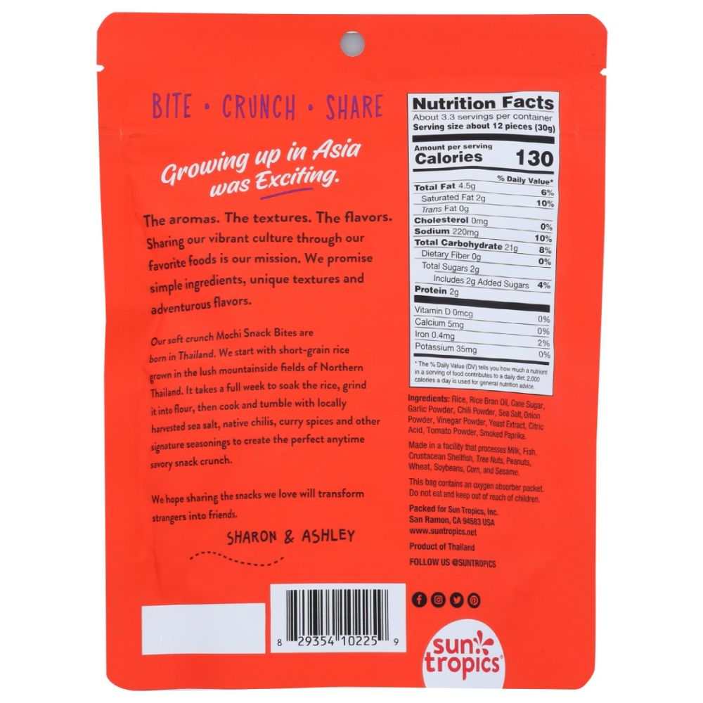 Sun Tropics Thai Bird Sriracha Mochi Snack Bites 3.5 oz gluten-free rice nugget puffs in resealable bag