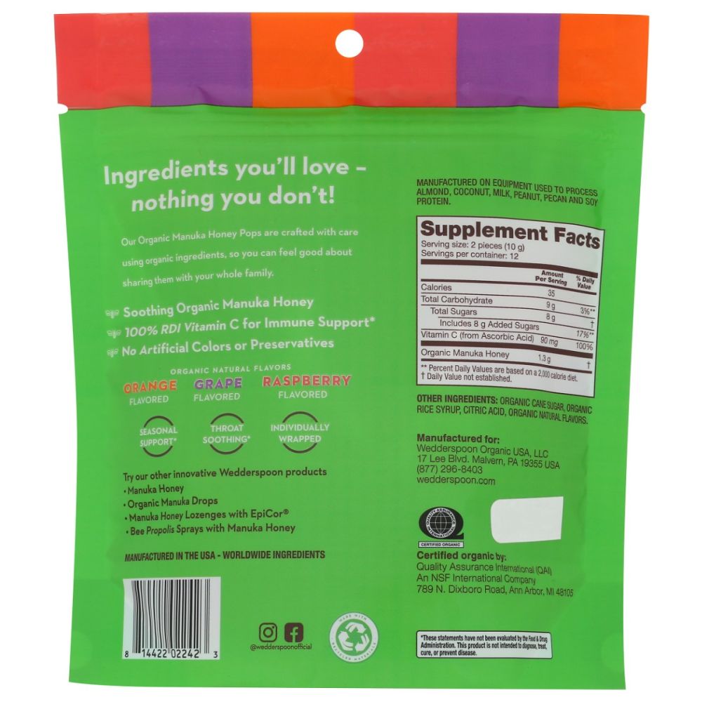 WEDDERSPOON: Organic Manuka Honey Pops Variety, 4 oz - SMART GREENS