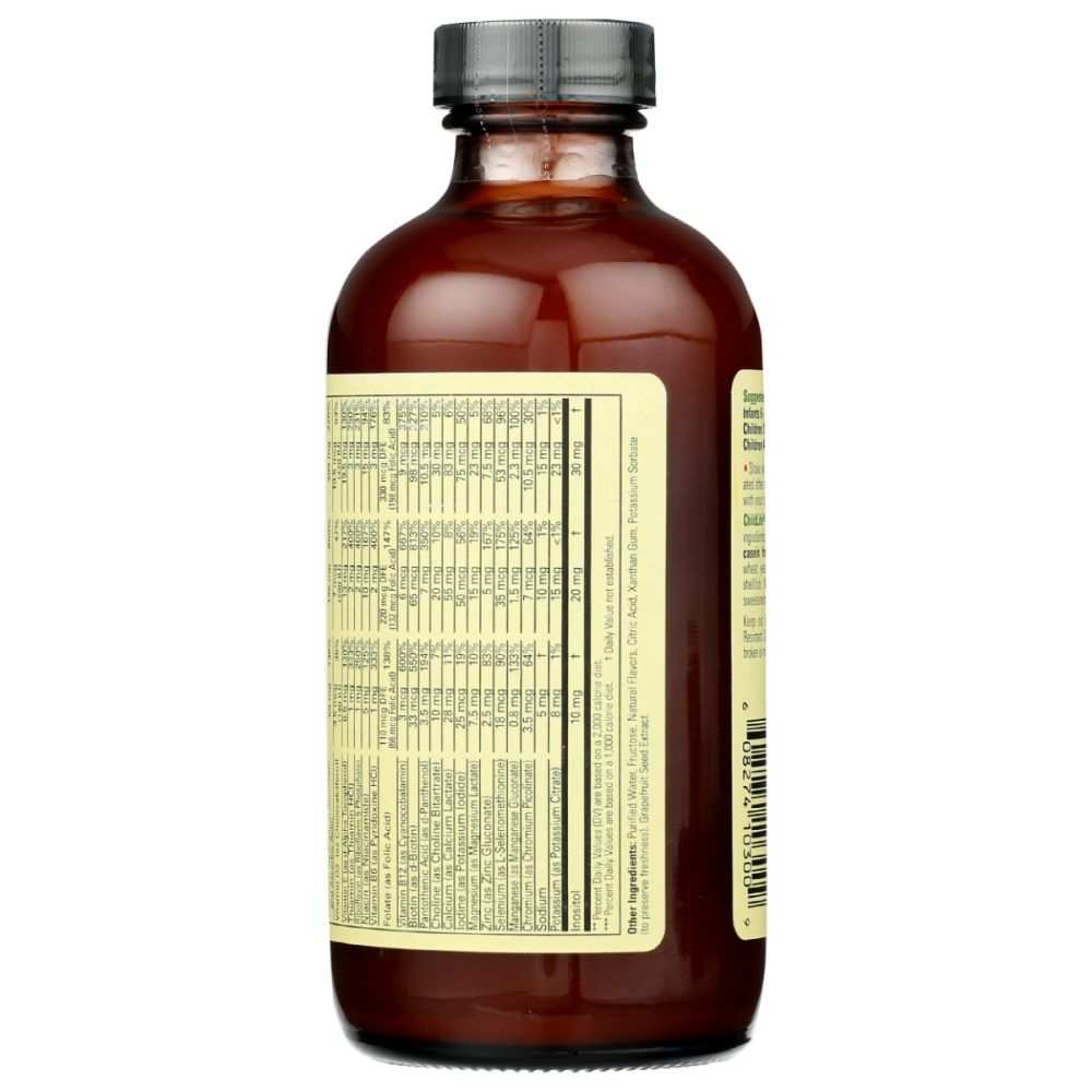 Brown glass supplement bottle with nutrition facts label on white background