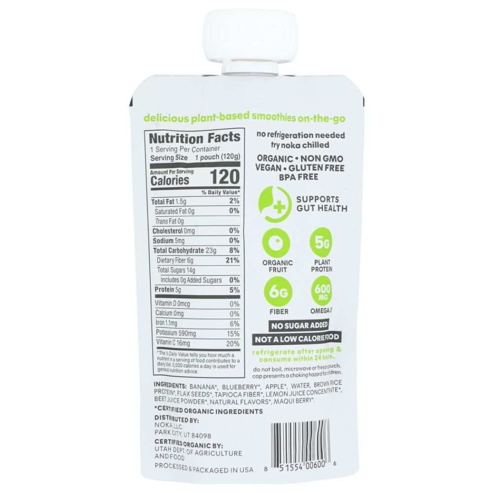 Back of a plant-based smoothie pouch showing nutrition facts, organic, vegan, and gluten-free details.