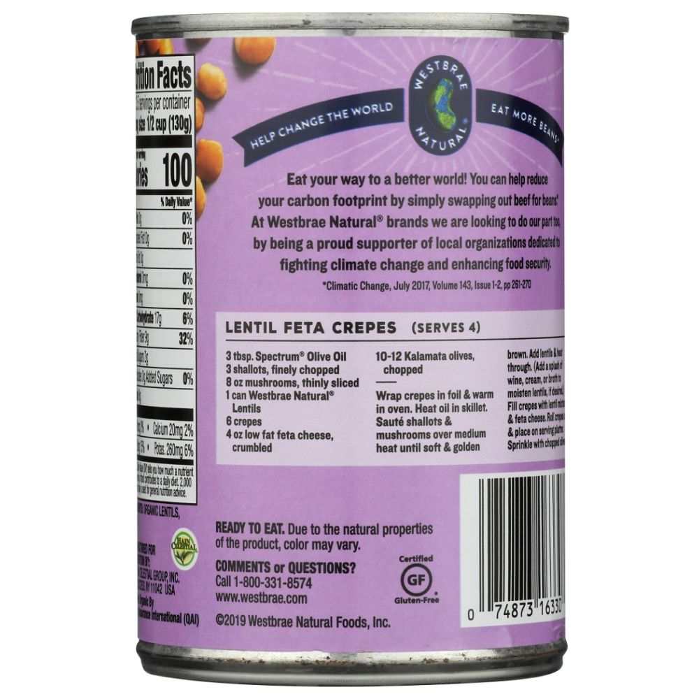 WESTBRAE Organic Lentil Beans 15 oz package for cooking and healthy meals