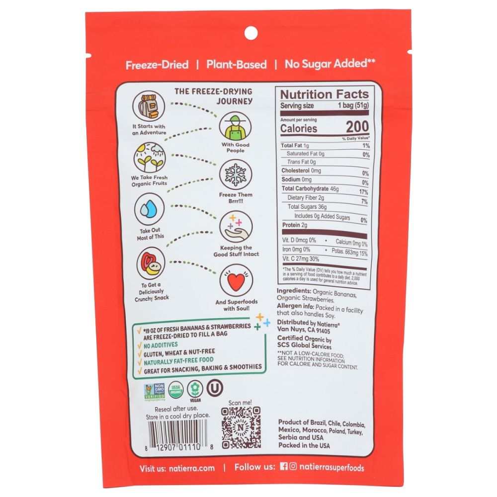 NATIERA freeze dried organic bananas and strawberries snack pack with crunchy slices
