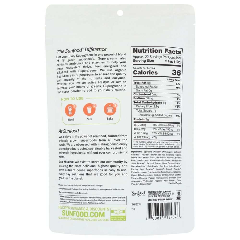 Back of a supergreens powder package showing nutrition facts, usage instructions, and ingredients.
