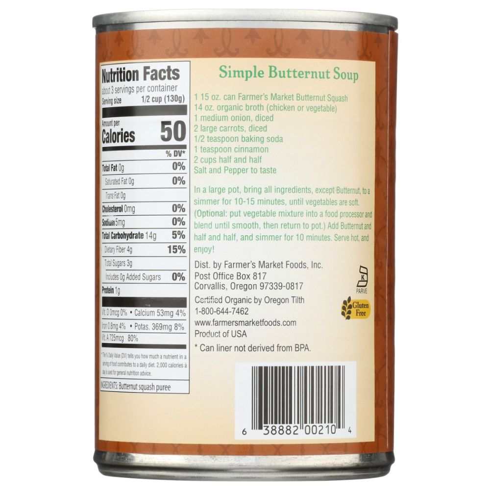 Farmers Market Foods Organic Butternut Squash Puree 15 oz BPA-Free Packaging
