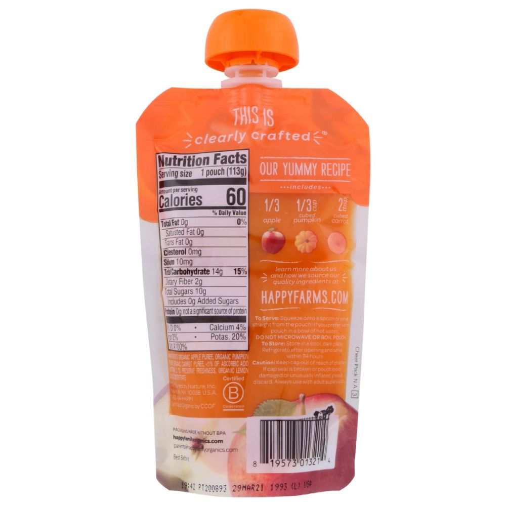 Back of organic fruit and vegetable puree pouch showing nutrition facts and ingredients.
