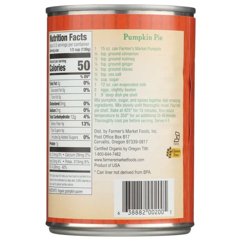 Farmers Market Foods organic pumpkin puree 15 oz container on wooden surface