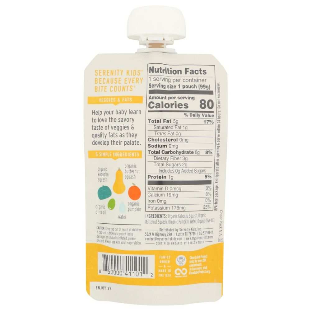 Back of baby food pouch showing nutrition facts, five organic ingredients, and barcode