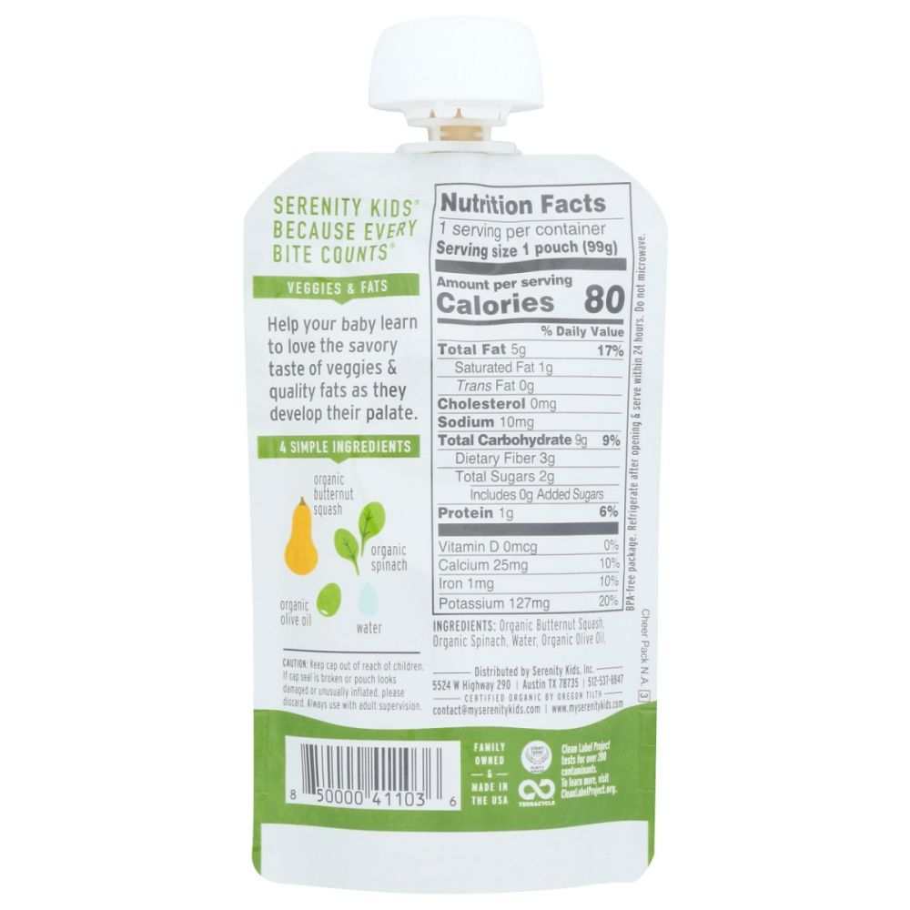 Back of organic veggie baby food pouch showing nutrition facts and simple ingredients
