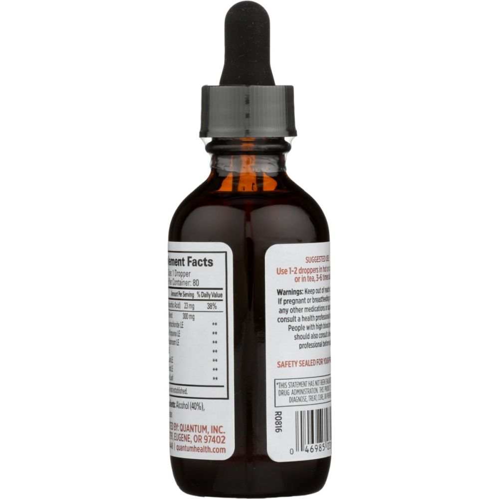 Amber glass dropper bottle with supplement facts and dosage label, wellness product