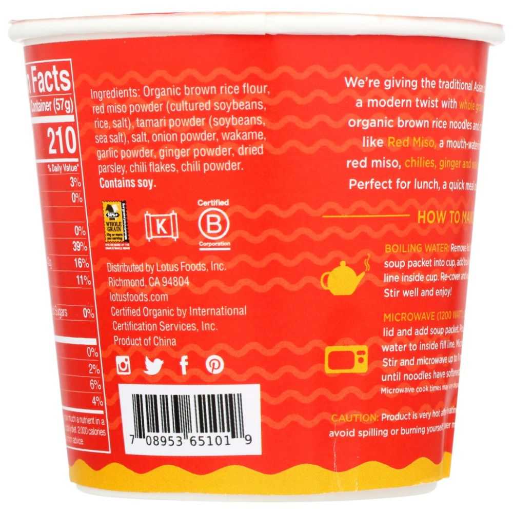 LOTUS FOODS Red Miso Rice Ramen Noodle Soup cup with organic brown rice noodles and red miso broth